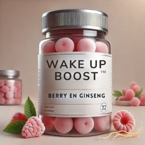 Wake Up Boost Berry & Ginseng Gummies in een transparant potje met roze gummies. Omringd door verse bessen en ginsengwortel, met een zachte, neutrale achtergrond