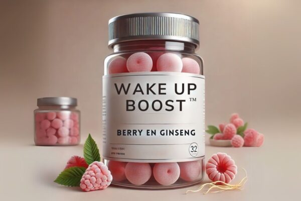 Wake Up Boost Berry & Ginseng Gummies in een transparant potje met roze gummies. Omringd door verse bessen en ginsengwortel, met een zachte, neutrale achtergrond