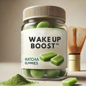 Wake Up Boost Matcha Gummies in een transparant potje, gevuld met groene gummies. Omringd door matcha poeder en een bamboe klopper voor een natuurlijke uitstraling.