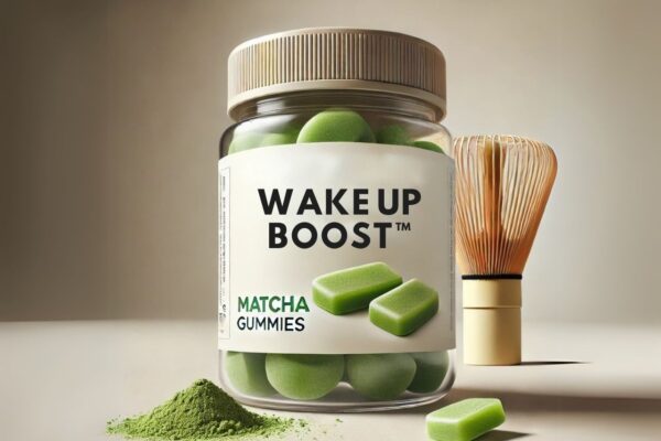 Wake Up Boost Matcha Gummies in een transparant potje, gevuld met groene gummies. Omringd door matcha poeder en een bamboe klopper voor een natuurlijke uitstraling.