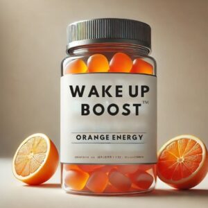 Wake Up Boost Orange Energy Gummies in een transparant potje met oranje gummies. Omringd door verse sinaasappels, met een zachte, neutrale achtergrond.