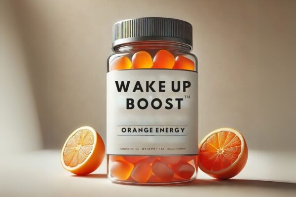 Wake Up Boost Orange Energy Gummies in een transparant potje met oranje gummies. Omringd door verse sinaasappels, met een zachte, neutrale achtergrond.