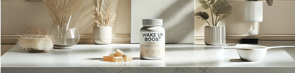 Sfeerbeeld van de Wake Up Boost supplementen in een keuken setting met een fles en gummies op een marmeren aanrecht, omgeven door moderne planten en decoraties.